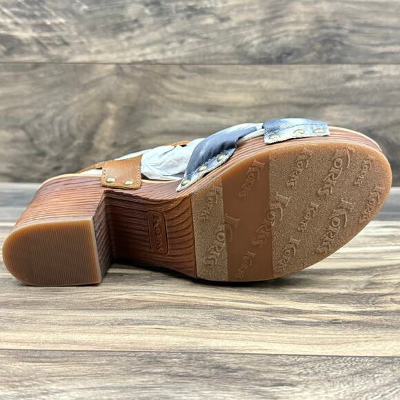 NIB Korks Kork Ease Natalia 7M Knot Clog Sandal Tan Blue Denim PU Tye Dye Combo - Picture 8 of 9